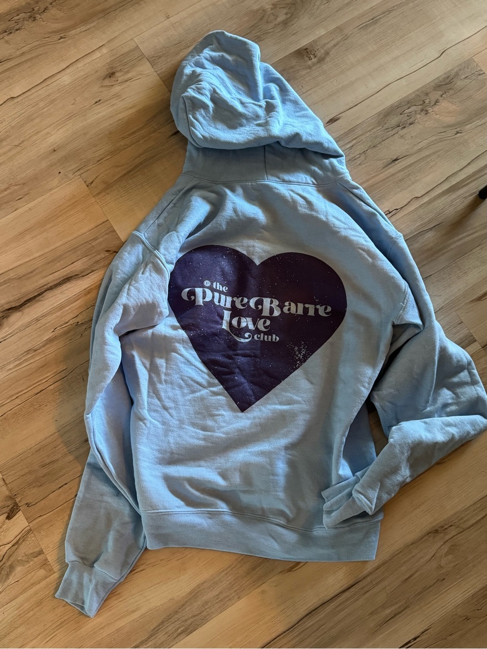 Pure Barre Pastel Blue Hoodie with Purple Heart Graphic